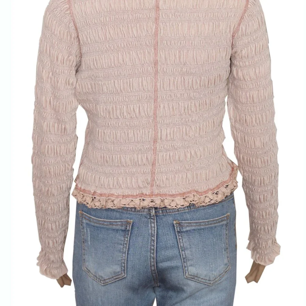 Free People Fp One Meriel Smocked Top Ruched Lace Taupe New S